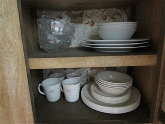 CONTENTS OF CUPBOARD - CORELLE DINNERWARE & OTHERS
