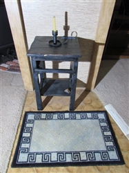 VINTAGE WOOD ACCENT TABLE, CANDLE HOLDER & THROW RUG