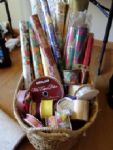  LARGE BASKET FULL OF WRAPPING PAPER, FOILS AND RIBBONS
