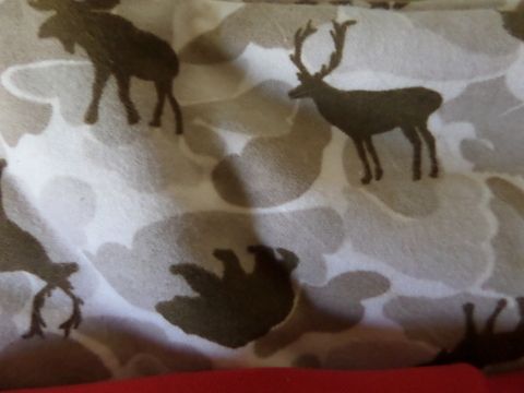 FABRIC - CAMO, PINK FLORAL AND TAN PIECES, MOOSE FLEECE, DUMP TRUCKS KNIT, HALLOWEEN PRINT, RED FLANNEL , GRAY KNIT, LIGHT BLUE TERRY