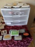 SCRAPBOOKING SUPPLIES  3 DRAWER BIN WITH STAMPS, INK PADS, 12 X12" PAPER / CARD STOCK
