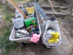 GARDENING SUPPLIES, LARGE BOX OF MIRACLE GROW, GARDENING CART AND TOTE, HAND TOOLS, TIMERS, AND MORE