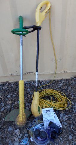TWO ELECTRIC WEED EATERS WITH EXTRA STRING AND 75 FOOT ELECTRIC CORD