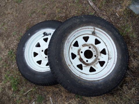 TWO MOUNTED 13 TIRES AND WHEELS FOR UTILITY TRAILER