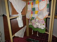 VINTAGE LAUNDRY BASKET, DRYING RACK AND APRONS
