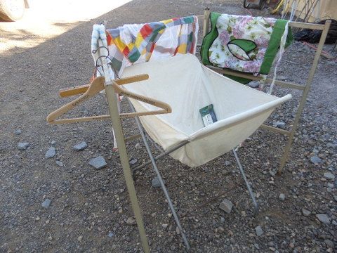 VINTAGE LAUNDRY BASKET, DRYING RACK AND APRONS