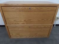 OAK TWO DRAWER LOCKING LATERAL FILE CABINET WITH KEY