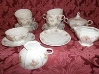 ANTIQUE FINE CHINA BY MORITZ ZDEKAUER CUPS AND SAUCERS WITH CREAMER AND SUGAR BOWL