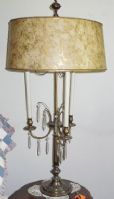 BEAUTIFUL PAIR OF VINTAGE BRONZE CANDLEABRA STYLE LAMPS WITH HANGING CRYSTALS