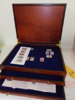 WOOD STAMP COLLECTION BOX WITH DRAWERS AND STAMPS