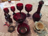 BEAUTIFUL DEEP RED GLASSWARE, DECANTER, GOBLETS, SALT & PEPPER SHAKERS, CANDY DISHES & MORE