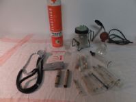 VINTAGE MEDICAL EQUIPMENT - GLASS SYRINGES, GOLD MEDAL HARLAAM OIL, HUMIDIFIER AND MORE
