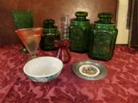 VINTAGE VARIETY GLASSWARE LOT - DEEP GREEN CANISTERS, VASE, BOWL, CARNIVAL GLASS & MORE