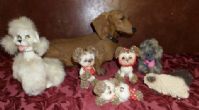 VARIETY DOG FIGURINES - VINTAGE POODLE, LARGE DASCHUND, AND ONE STRAY KITTY 