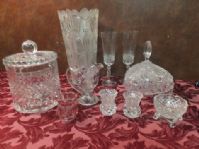 BEAUTIFUL TALL GLASS VASE, FINE CRYSTAL - ICE BUCKET, COVERED CANDY DISH CHAMPANGE FLUTES AND MORE