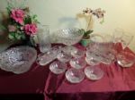 CUT GLASS AND AND CRYSTAL, PITCHER, NAPKIN HOLDER, SERVING BOWLS