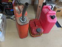 THREE GAS CANS - VINTAGE JERRY CAN, 2 1/2 GALLON CAN & A PLASTIC 5 GALLON CAN
