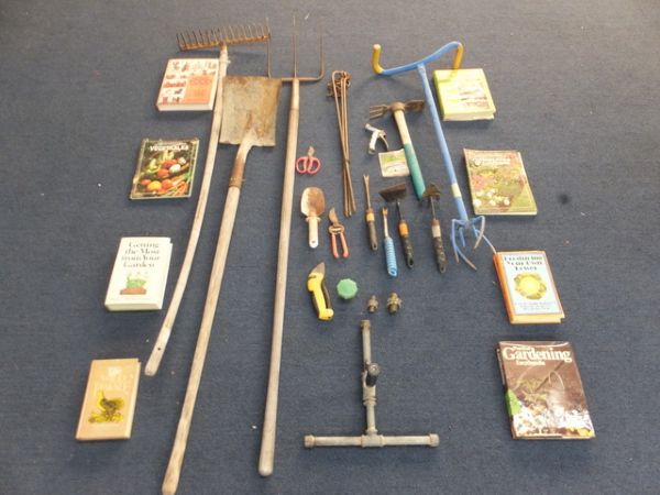 RUSTIC GARDENING TOOLS, HAND TOOLS AND GARDENING BOOKS