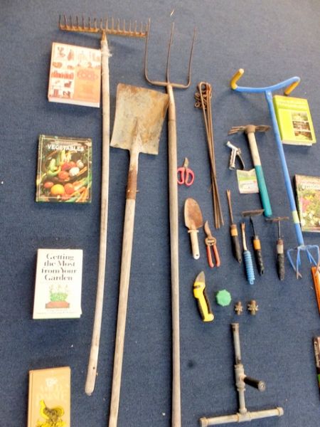 RUSTIC GARDENING TOOLS, HAND TOOLS AND GARDENING BOOKS