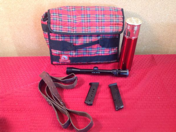VARIETY LOT OF GUN RELATED ITEMS INCLUDING A BUSHNELL SCOPE, MAGAZINE CLIPS, NRA THERMOS PLUS MORE