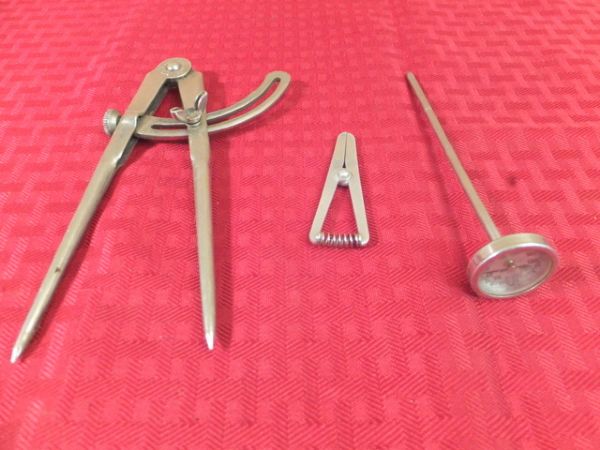 VINTAGE STAINLESS STEAL COMPASS, TEL TRU THERMOMETER & WIRE CLAMP
