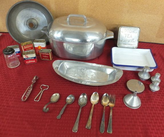 VINTAGE KITCHEN COLLECTIBLES - SPICE TINS, HAMMERED BREAD TRAY & MORE