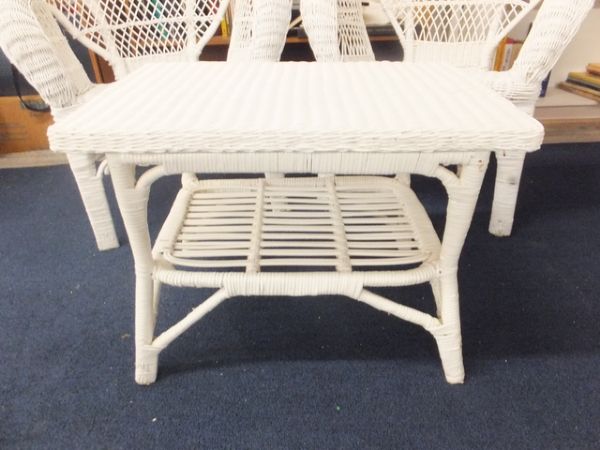 WHITE WICKER CHAIRS & TABLE