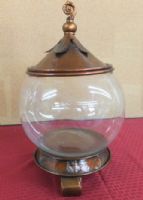 LARGE GLASS  POTPOURRI OR COOKIE JAR WITH COPPER TONE METAL LID & STAND.