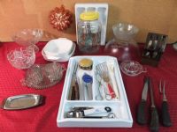 Kitchen Variety Glassware.  Vintage items, knives, Corning and more!
