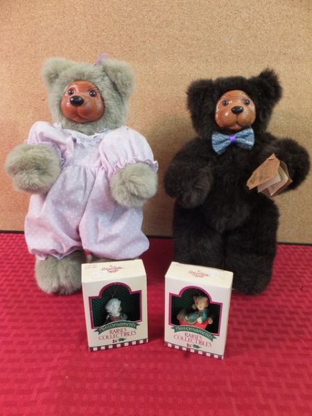 2 RAIKES BEARS WITH STANDS PLUS TWO COLLECTABLE MINI-ORNAMENTS