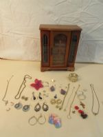 WOODEN JEWELRY BOX WITH EARRINGS, NECKLACES & MORE