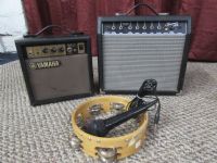 FENDER GUITAR AMPLIFIER, YAMAHA AMP, MICROPHONE AND TAMBOURINE