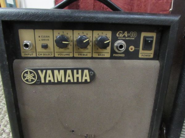FENDER GUITAR AMPLIFIER, YAMAHA AMP, MICROPHONE AND TAMBOURINE