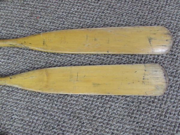 TWO WOODEN OARS WITH LOCKS FOR RAFT OR OTHER BOAT.