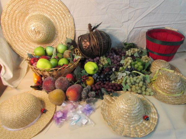 FRUITFUL LOT WITH FAUX FRUIT, HUMMINGBIRDS, FLOWER MAGNETS . . . . . 