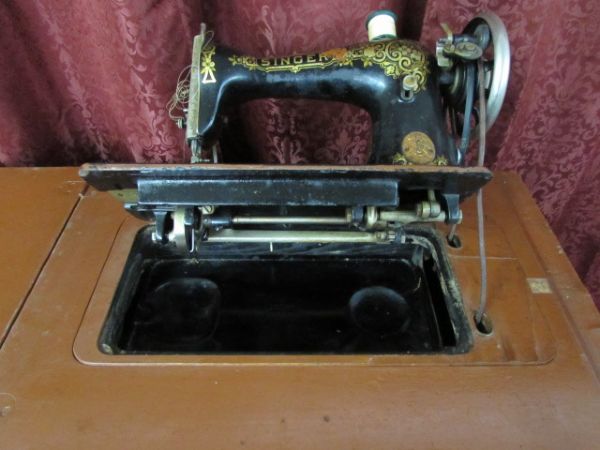 DOUBLE RARE ANTIQUE SINGER TREADLE SEWING MACHINE IN PARLOR CABINET