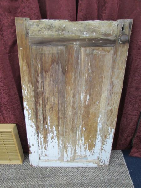 ANTIQUE DOOR HALF WITH ORIGINAL LOCK & WOOD SLATTED BOX