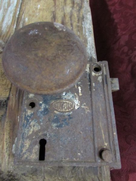 ANTIQUE DOOR HALF WITH ORIGINAL LOCK & WOOD SLATTED BOX