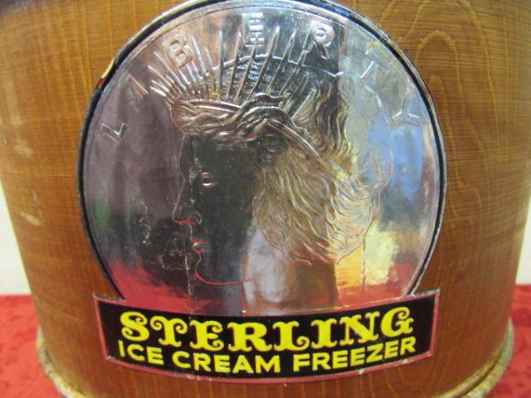 VINTAGE STERLING ICE CREAM FREEZER WITH WOOD BUCKET