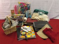 CRAFT SUPPLIES - 11 BOOKS, FAUX LEATHER, GLITTER, FEATHERS YARN & MORE