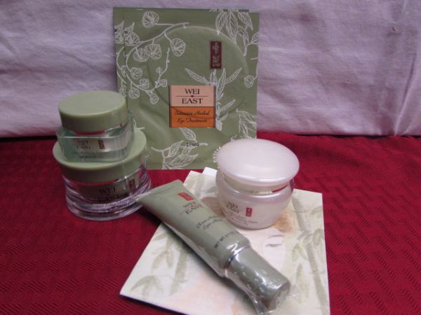 NEVER OPENED BEAUTY PRODUCTS FROM WEI EAST & CLUB A, COSMETIC BAG, TOTE & MIRROR