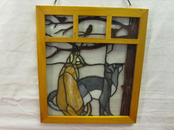 PRETTY PATIO DÉCOR - HANGING PLANTERS, TRIO OF BIRD WALL PLAQUES, STAINED GLASS & WIRE CAGE