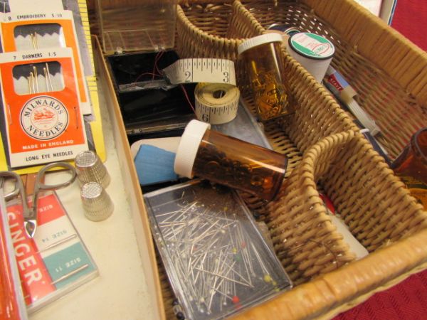 VINTAGE SEWING BASKET - LACE, ZIPPERS, NEEDLES, TASSLES, THREAD, BEADED POUCH & SO MUCH MORE
