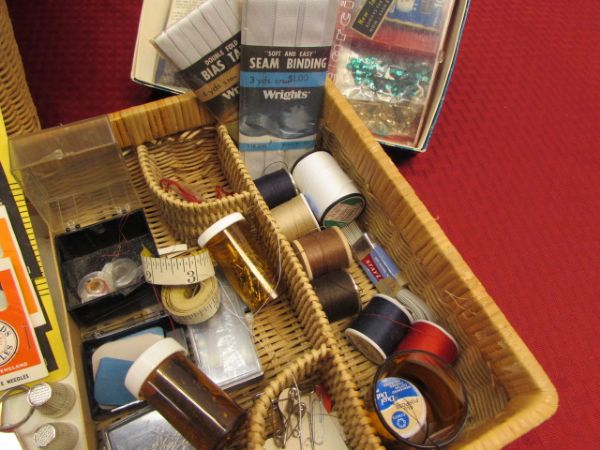 VINTAGE SEWING BASKET - LACE, ZIPPERS, NEEDLES, TASSLES, THREAD, BEADED POUCH & SO MUCH MORE