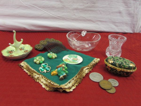 ANTIQUE HAND PAINTED SIGNED PORCELAIN RING TREE, EMBELLISHED HAIR COMB, IRISH COINS, KNICK KNACKS & MORE