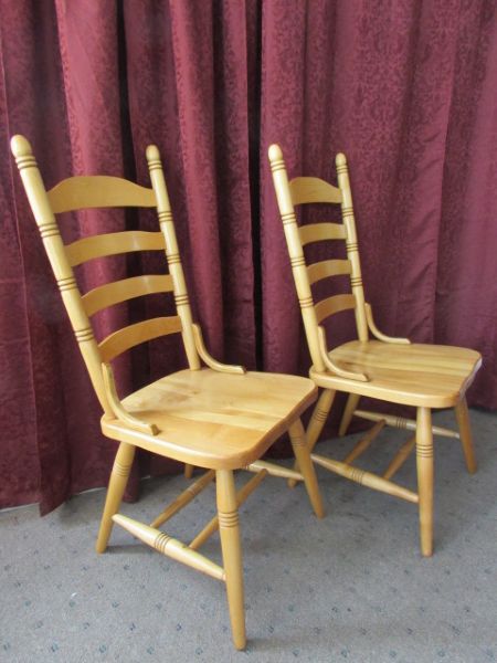 A PAIR OF LADDER BACK ALL WOOD CHAIRS - NICE 