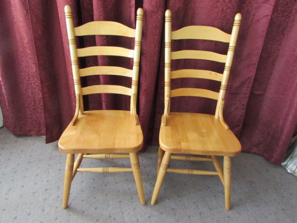 MATCHING PAIR OF ALL WOOD LADDER BACK CHAIRS 