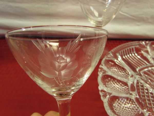 ELEGANT FRENCH MADE PINK GLASS SERVING BOWL, ROYAL CRYSTAL VASE, CUT GLASS STEMWARE, VINTAGE CERAMIC CATS & MORE