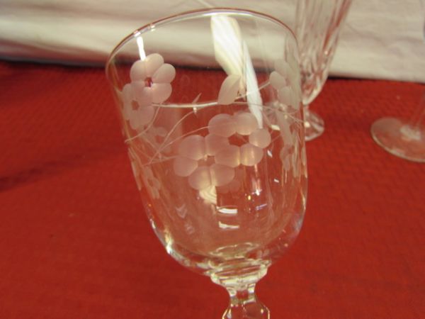ELEGANT FRENCH MADE PINK GLASS SERVING BOWL, ROYAL CRYSTAL VASE, CUT GLASS STEMWARE, VINTAGE CERAMIC CATS & MORE