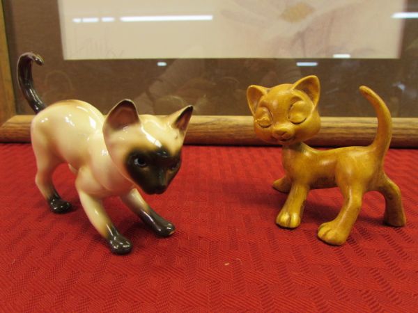 THE CATS MEOW - VINTAGE FIGURINES, MIRRORED STAND & FRAMED ART 